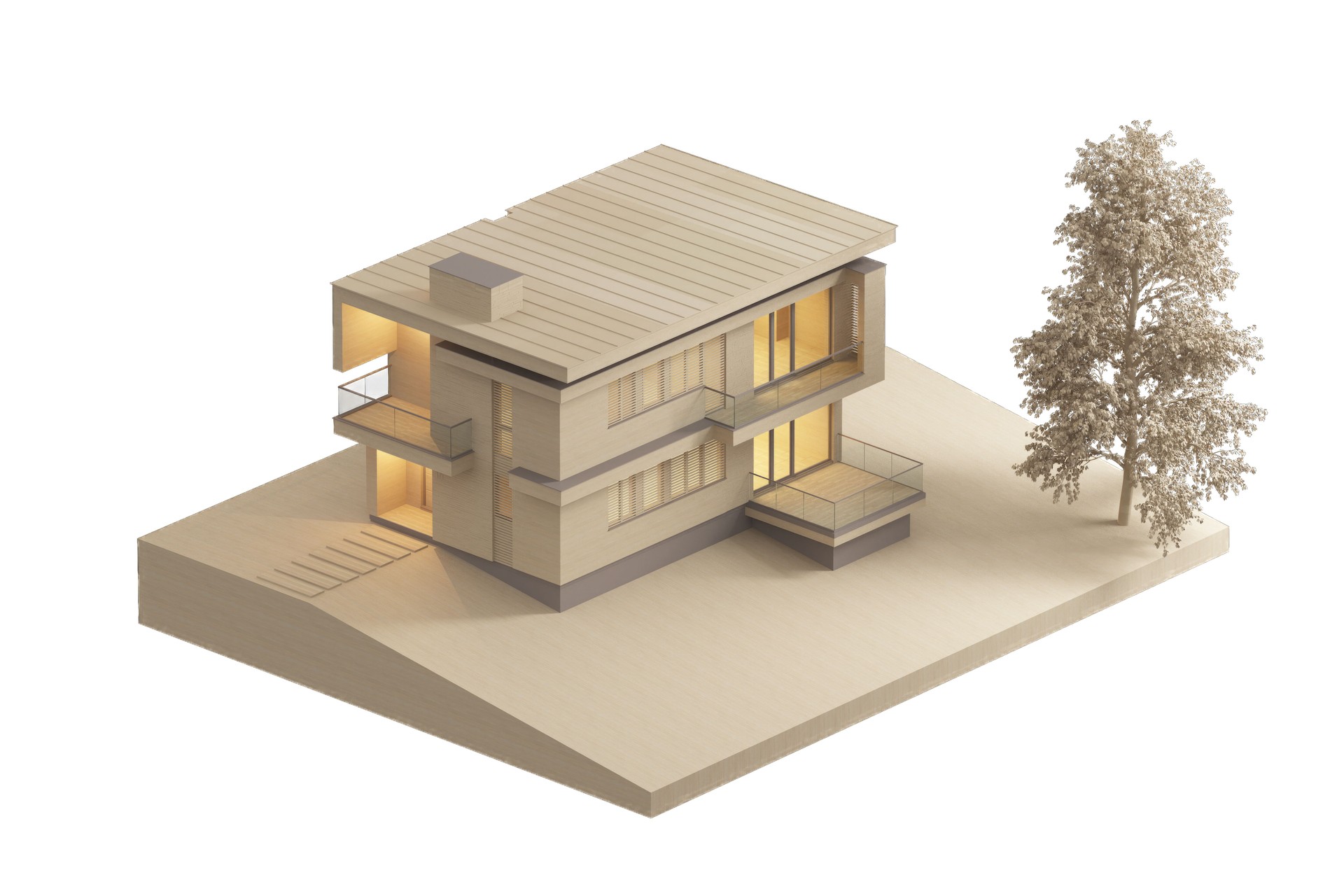 Modern Villa Scale Architectural Model. Wooden object. White background. (6k image)